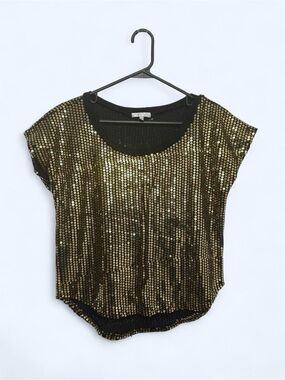 Just Ginger Sequin Top in Gold/Black Size Small Ribbed Scoop Neck Glam Disco